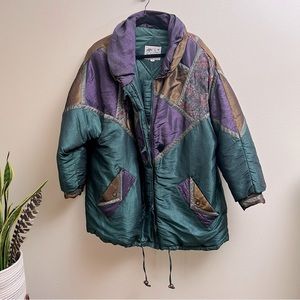 Vintage 90’s patterned plus size 20 statement winter coat shiny print colorblock